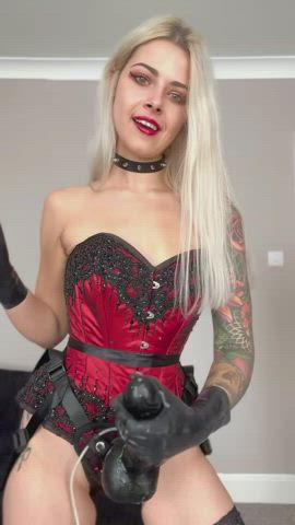 blonde dominatrix domme femdom green eyes joi onlyfans strap on gif