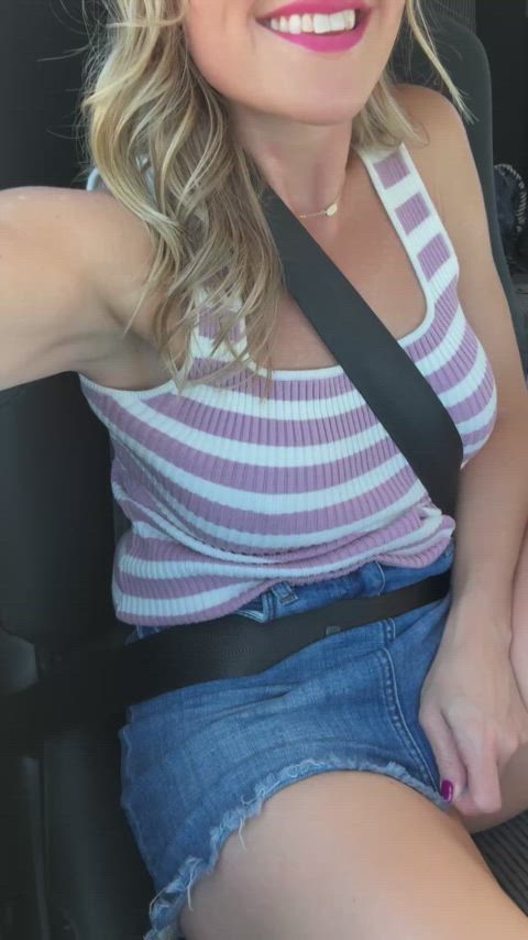 car flashing pussy smile tease teasing trimmed upskirt gif