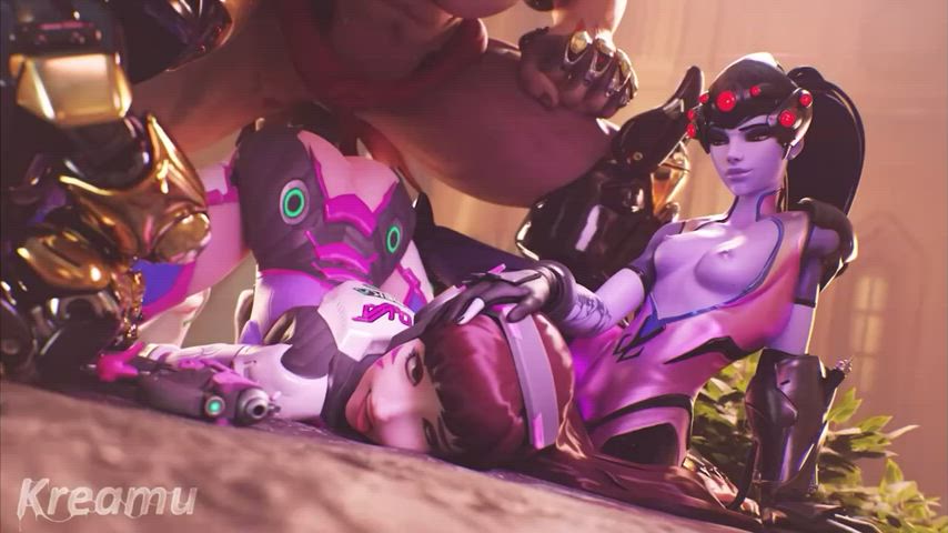 3d ahegao animation cumshot overwatch threesome gif