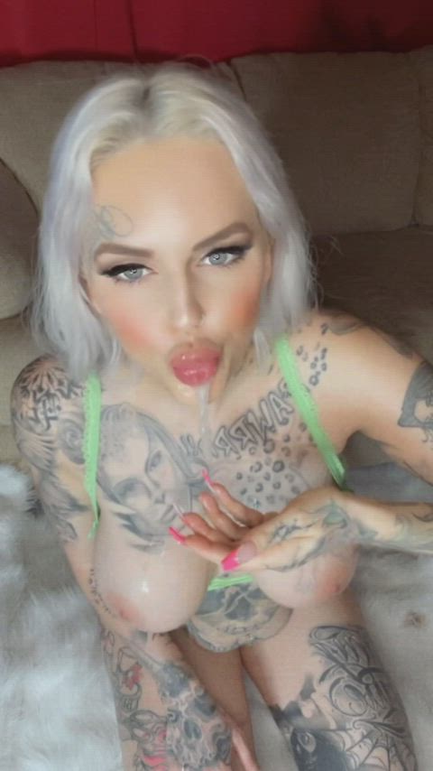 bimbo bimbofication blonde blowjob slut slutty spit cumslut gif