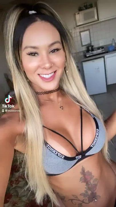 Anita C Blonde Cleavage Clothed Cute Smile Trans gif