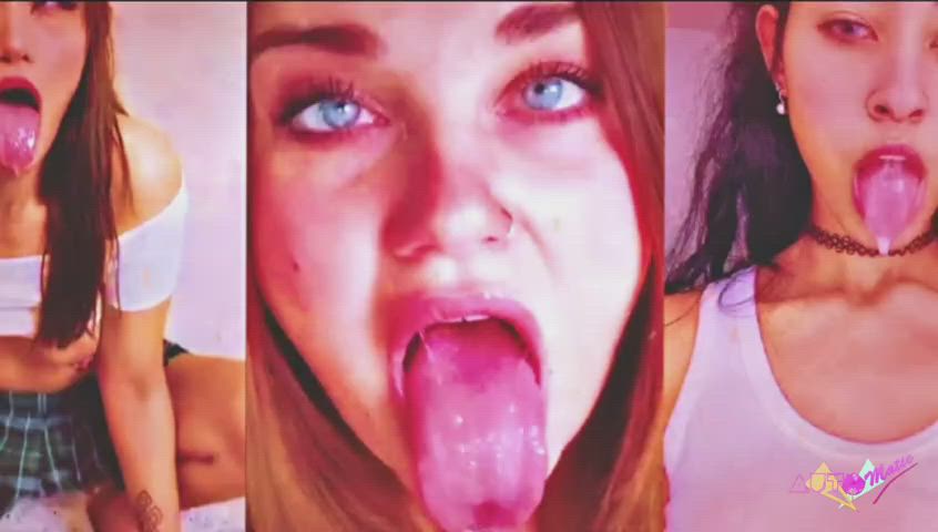 ahegao babe long tongue loop pmv riding skirt split screen porn gif