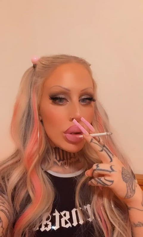 bimbo bimbofication fake boobs fake lips fake tits lips smoking botox gif