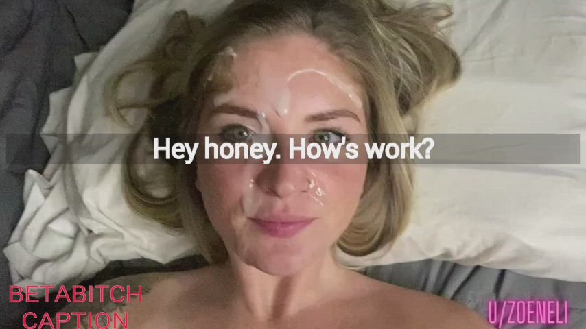 Caption Cuckold Cum Facial Hotwife gif