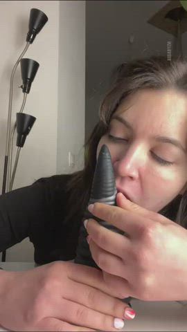 deepthroat dildo gagging solo spit tits gif