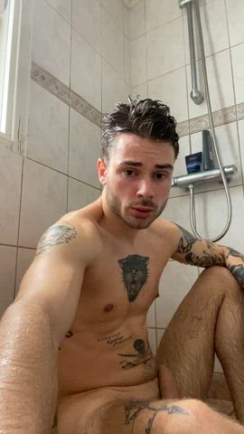 jerk off jerkmate male male masturbation shower solo tattoo tattooed gif