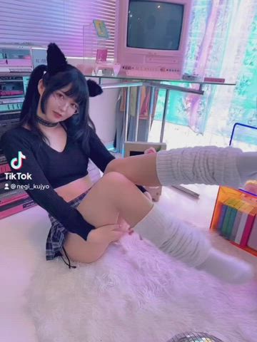 asian babe catsuit cosplay cute glasses japanese korean model gif