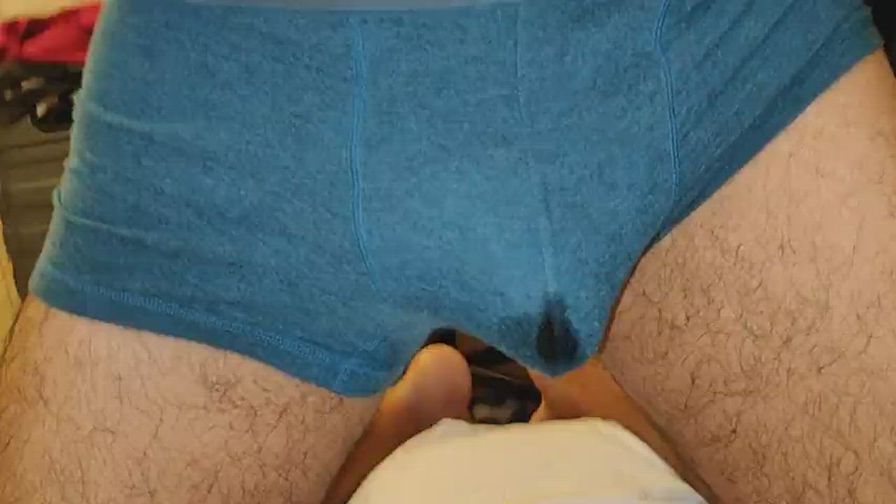 Big, veiny cock leaks through pouch-y briefs