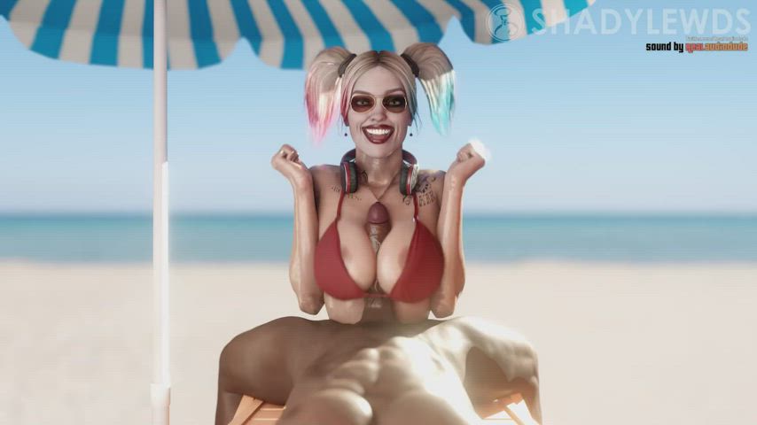 3d animation beach big tits harley quinn swimsuit titty fuck gif