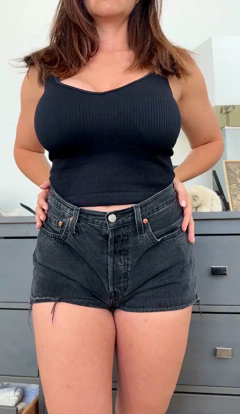 big tits jean shorts reveal titty drop gif