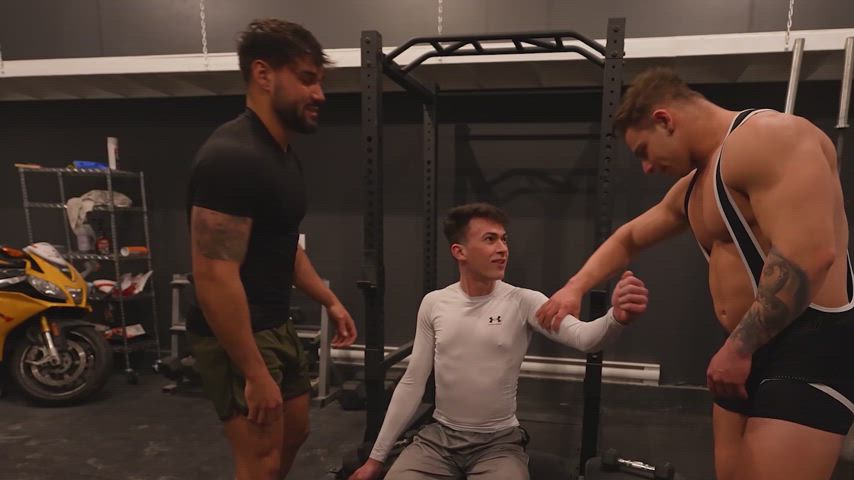 blowjob cumshot domination gay gym jock muscles submissive threesome twink gif