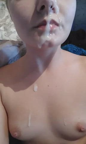 Amateur Blonde Cum In Mouth Cum On Tits Homemade gif