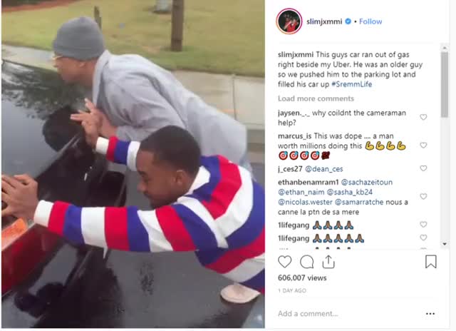 Slim Jxmmi gets out of his Uber to help out an older man whose car ran out of gas