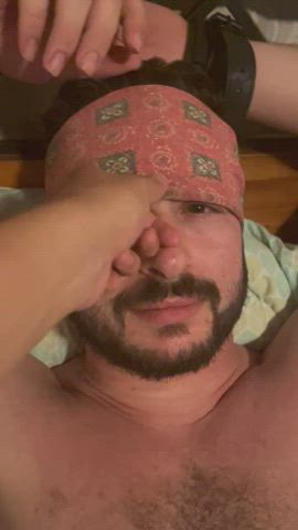 bdsm blindfolded cute daddy dom hairy handcuffed softcore submissive gif