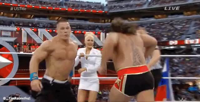 Rusev runs into Lana and Cena wins US Title #Wrestlemania