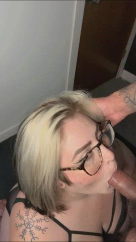 blonde blowjob cum cum in mouth glasses lingerie pierced puffy tattoo gif
