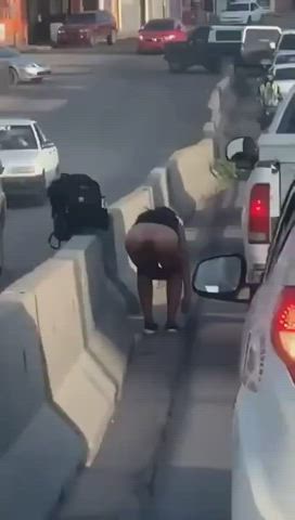 Young girl prolapsing her bum hole on the side of the highway