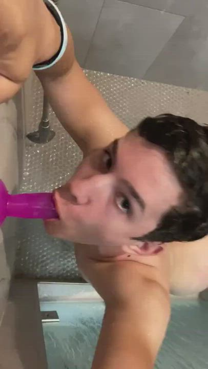 Deepthroating my dildo in the shower&gt;