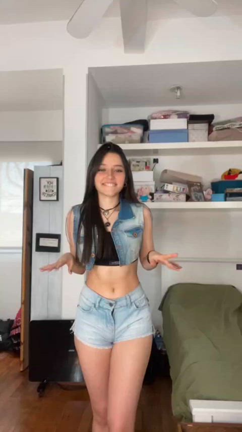 brunette jean shorts pale thick thighs belly legal-teens gif