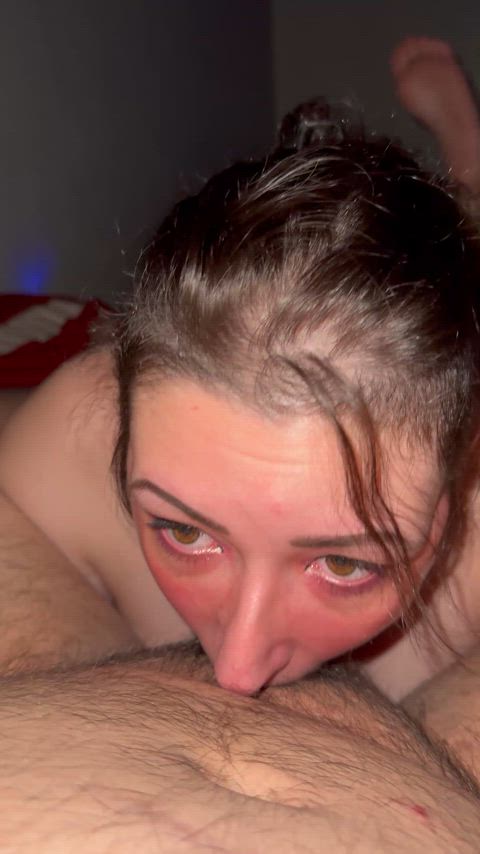 blowjob brunette cum in mouth cum swallow deepthroat eye contact face fuck thick