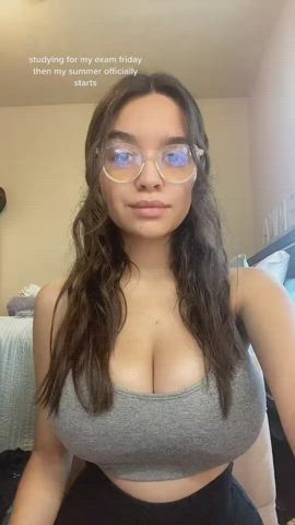 Busty Big Tits Bra Cleavage Brunette Babe Cute College Glasses gif