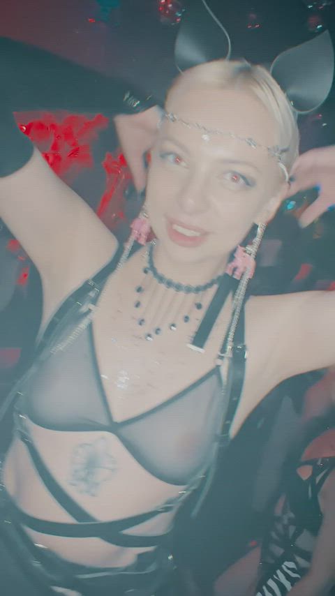 blonde cute flashing gone wild harness kinky lingerie nightclub public tits gif