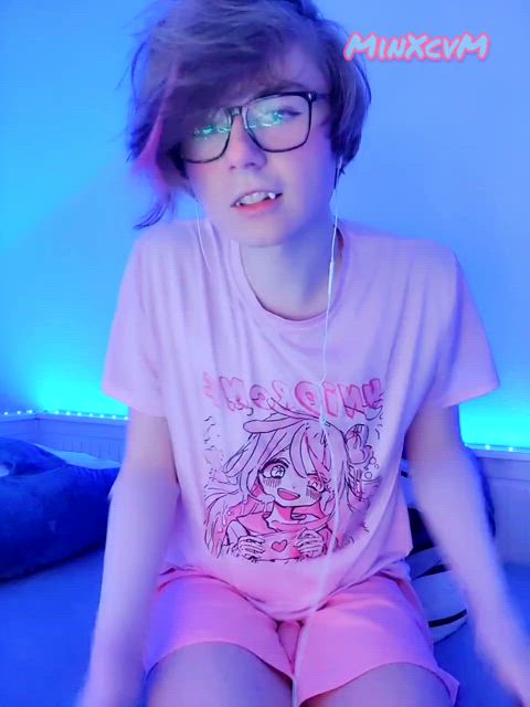 cute eye contact femboy glasses gooning pink skirt tongue trans femboys gif