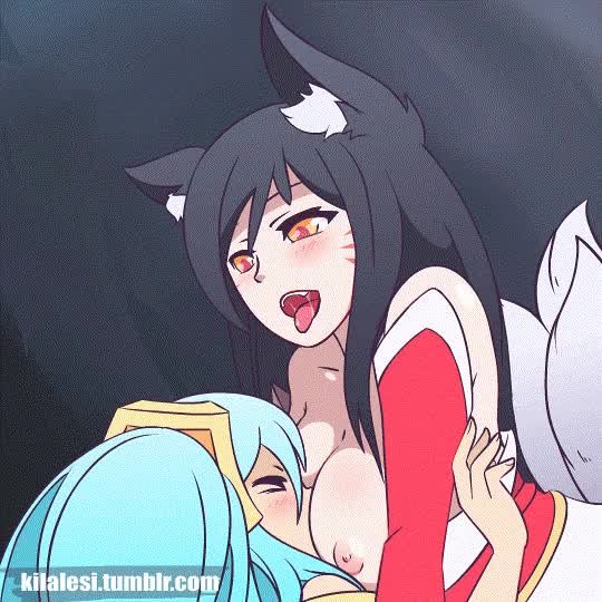 Ahri rubbing her tits in Sona's face