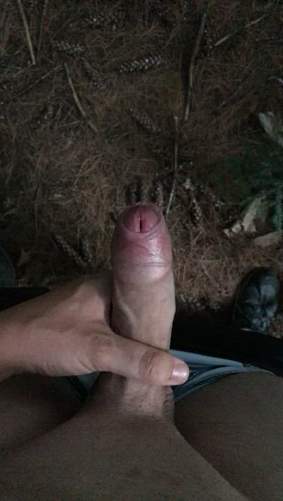 My uncut cock shooting a huge load in the woods!