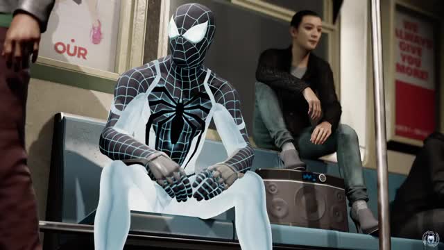 Spider-man listening to boom box on the subway