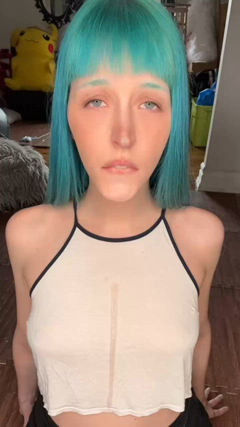 alt blue eyes boobs drooling hotwife natural tits onlyfans spit gif