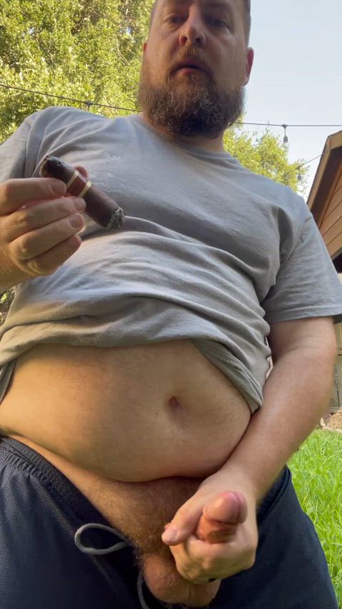 Nice cigar and cumshot in my backyard, in full view of neighbors.