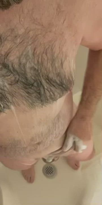 Big Balls Big Dick Cock Daddy Masturbating Shaved Shower Soapy gif