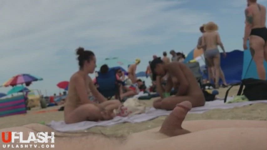 beach cumshot hands free nudist public gif