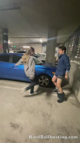 Public LA Garage BallBusting Kicking after Busy Hockey Game!