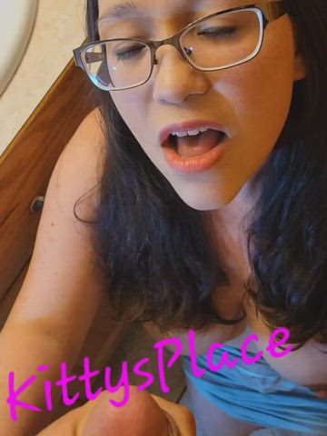 big tits brunette cum cum in mouth cumshot glasses kitty smile wife gif