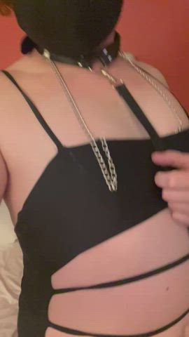 ass bodysuit choker leash nipple clamps nipslip role play submissive femboys gif