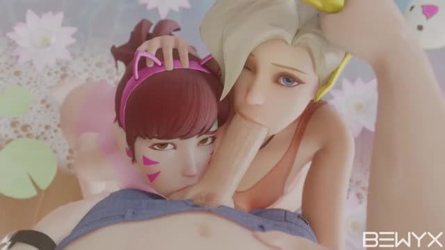 Dva and Mercy Threesome Blowjob