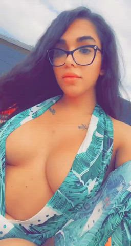 Cleavage Clothed Cute Glasses Latina Pretty Trans gif