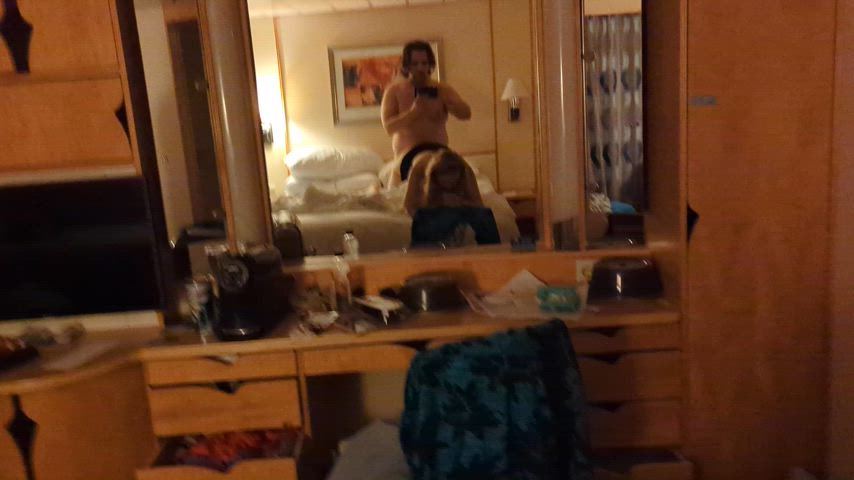 Really enjoyed this big mirror in our cruise suite. Wow, our suite is messy though.