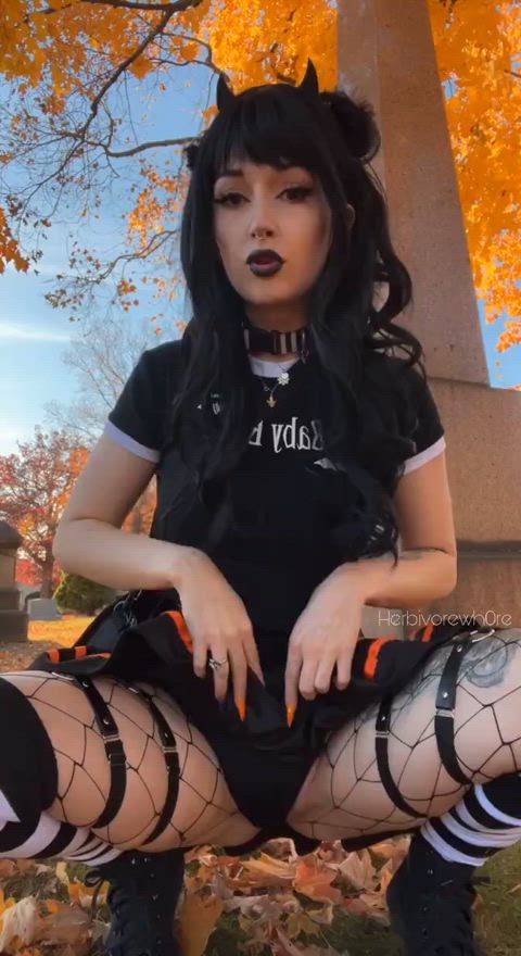 fishnet garter belt goth knee high socks piercing pussy squat fuck gif