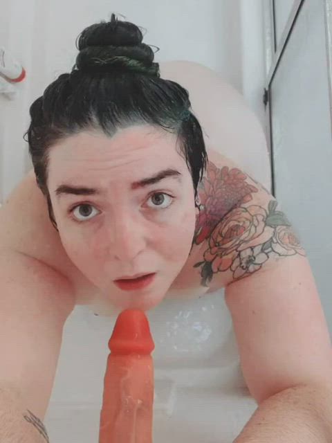 bbw blowjob deepthroat eye contact green eyes pov shower throat green hair throated