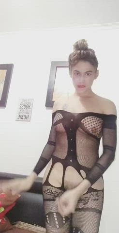 Asian Bodysuit Boobs Booty Cock Cute Fishnet Teasing Trans gif