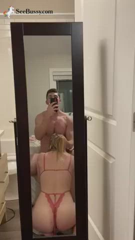 blonde blowjob cock homemade mirror thong gif