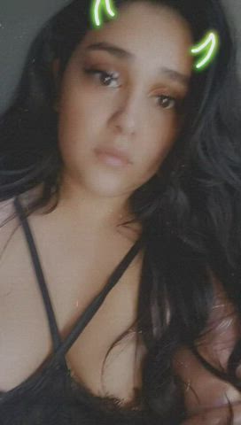 bbw big tits boobs brunette busty cute eye contact lingerie onlyfans thick gif