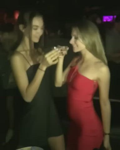 bar blonde dress erotic girlfriends kiss kissing lesbians party gif