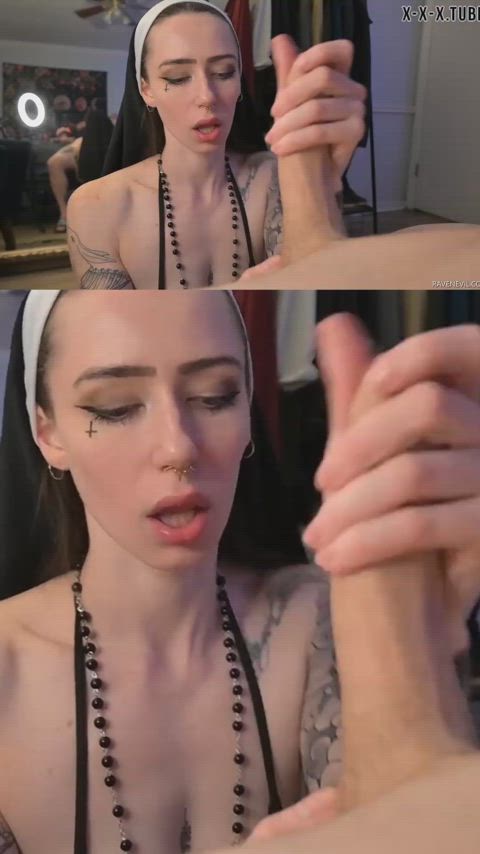 ball worship ballplay balls sucking eye contact goth handjob nun pov gif