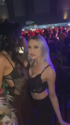boobs club horny hostel kissing lesbians nightclub tits gif