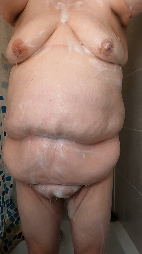 bbw belly button fat pussy fupa saggy tits shower soapy tits wet belly gif