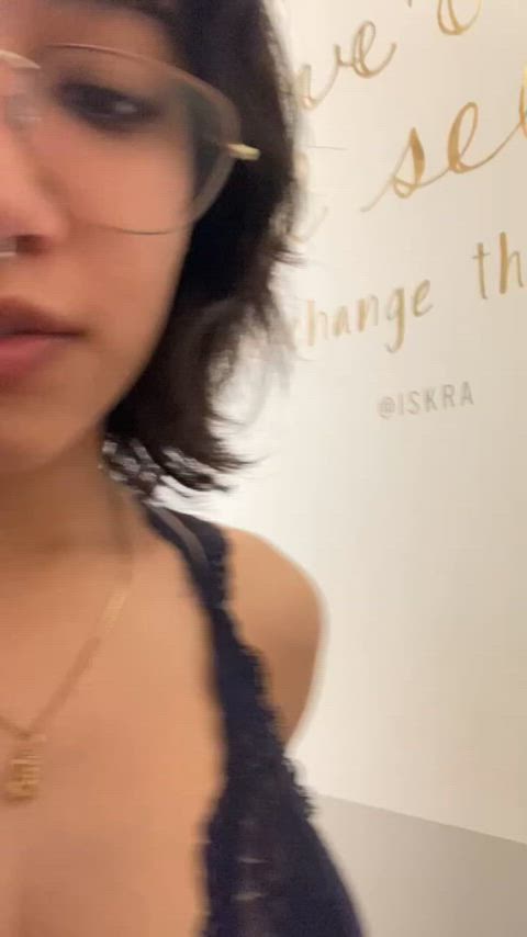 changing room glasses selfie smile titty drop gif